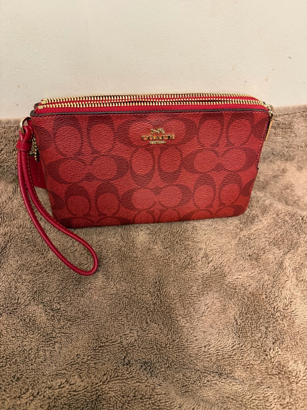 Coach Red Signature Double Zip Wristlet